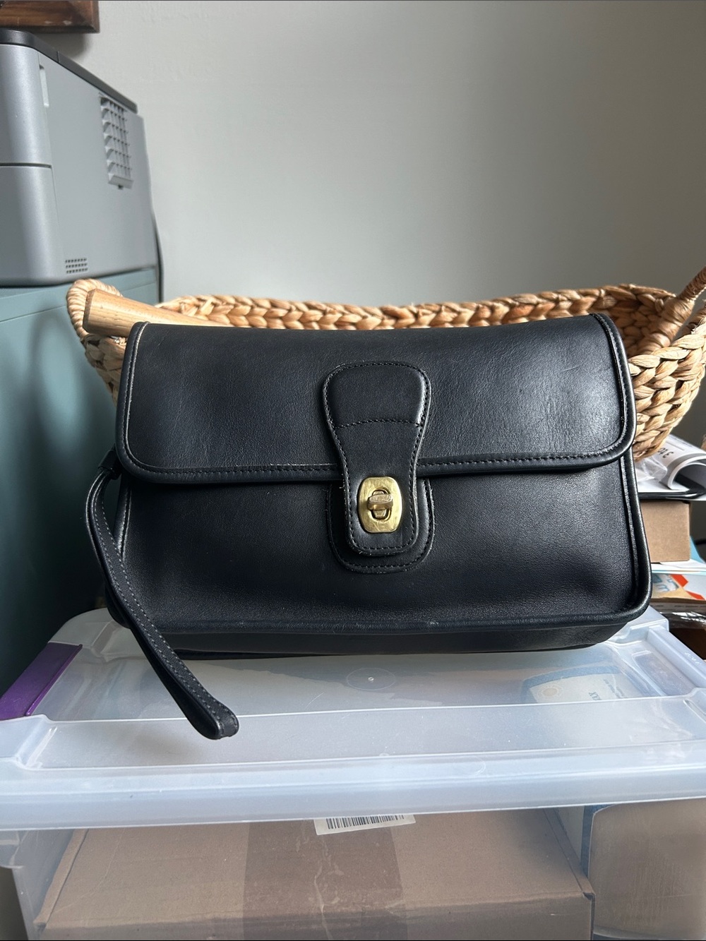 Coach Black Leather Wristlet Clutch with Brass Turnlock #9832
